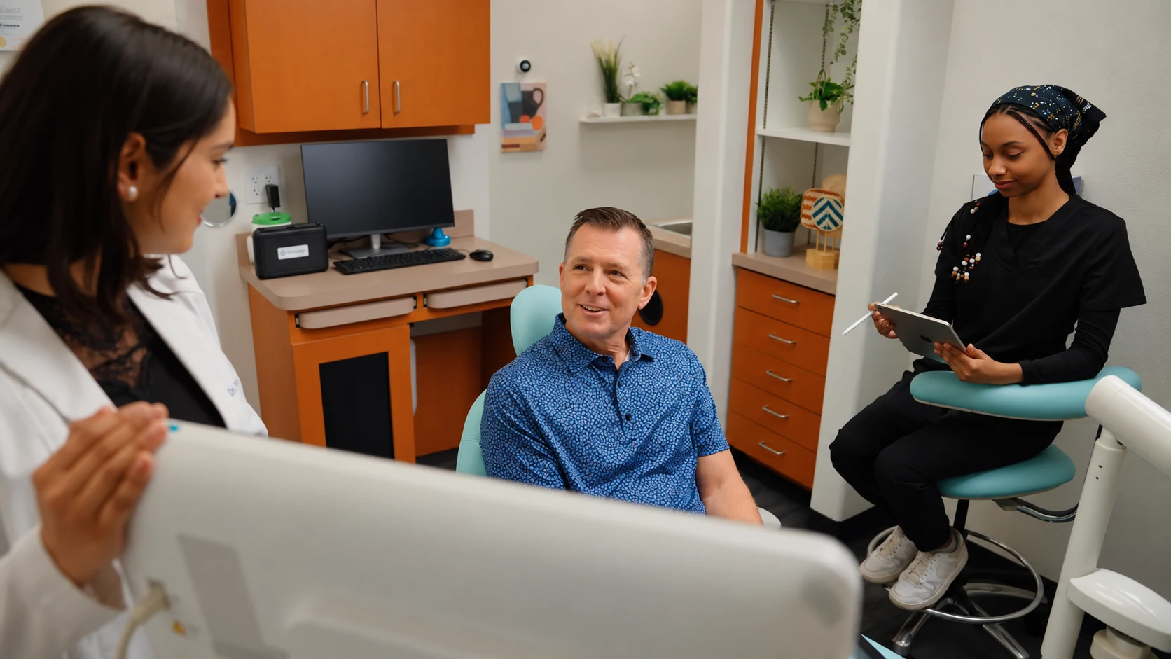 Patient smiling while discussing a dental bridge with Dr. Vishala Patel at Edge Dental Designs in McKinney, TX