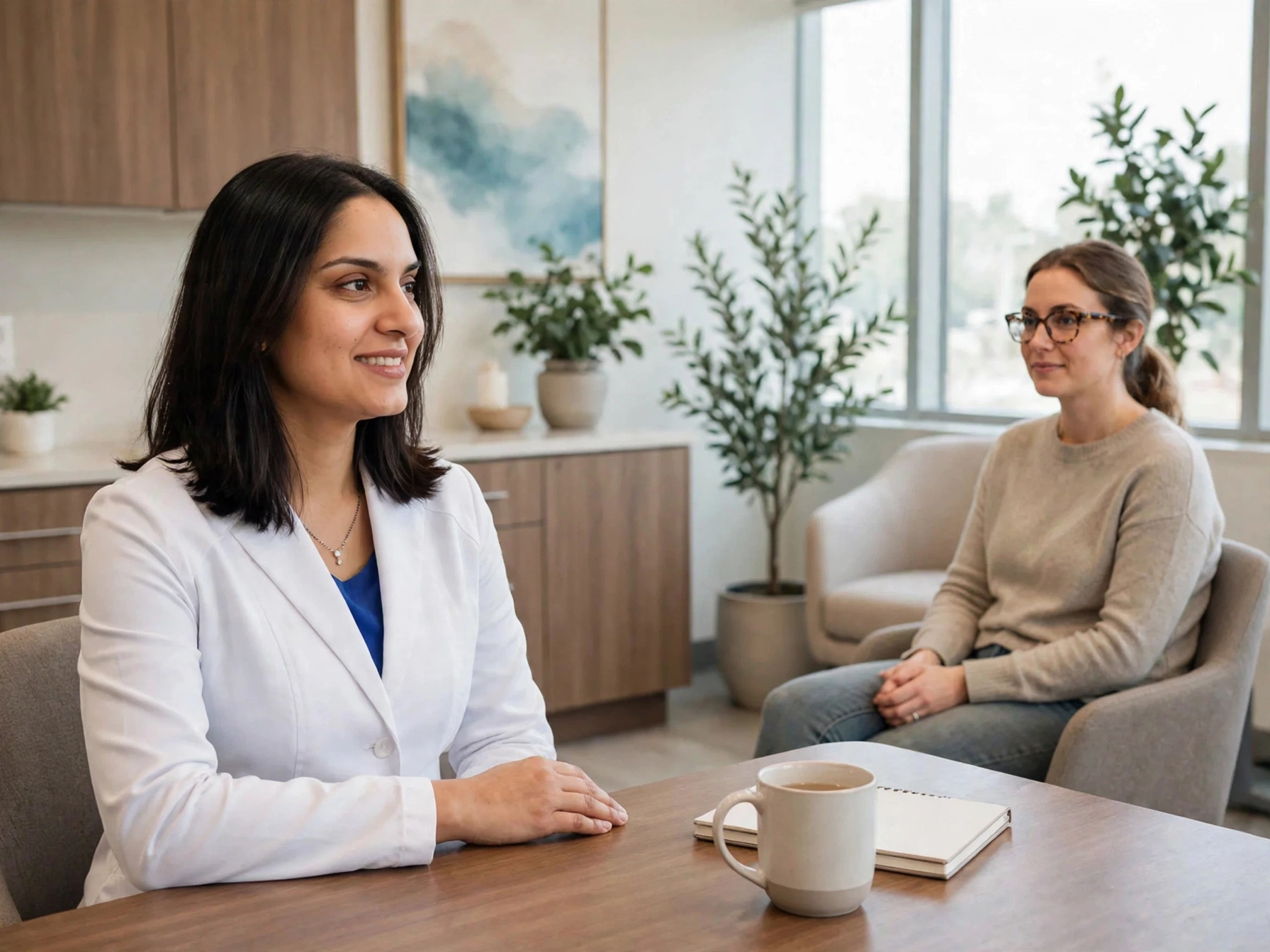 Relaxed patient talking with Dr. Vishala Patel about sedation dentistry at Edge Dental Designs in McKinney, TX