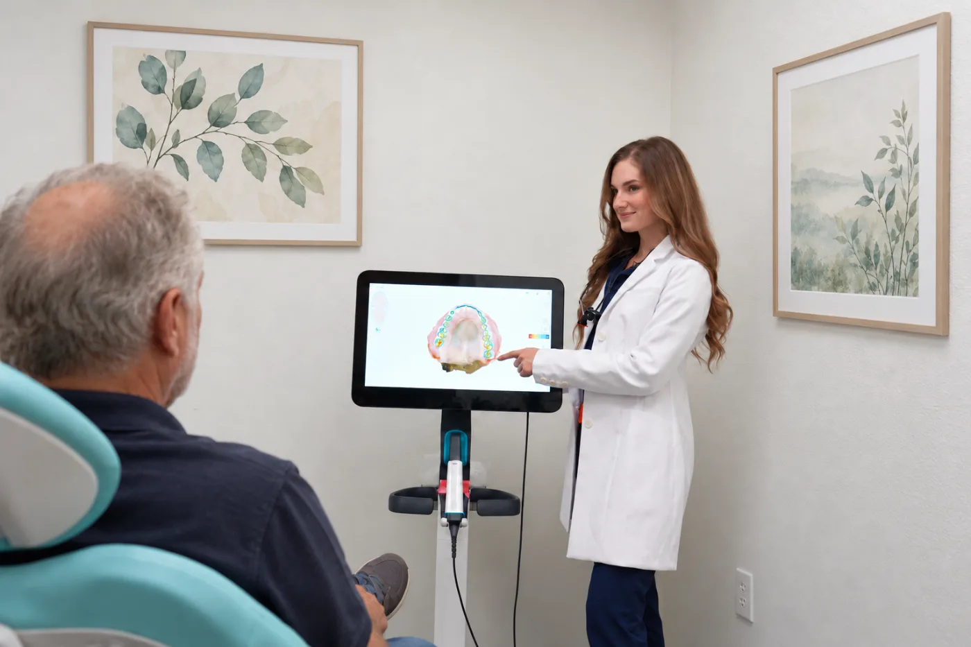 Dr. Elena Nemirovskii reviewing a digital intraoral scan with a patient