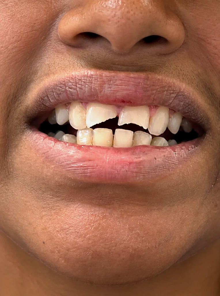 Two fractured front teeth after a basketball injury, before treatment